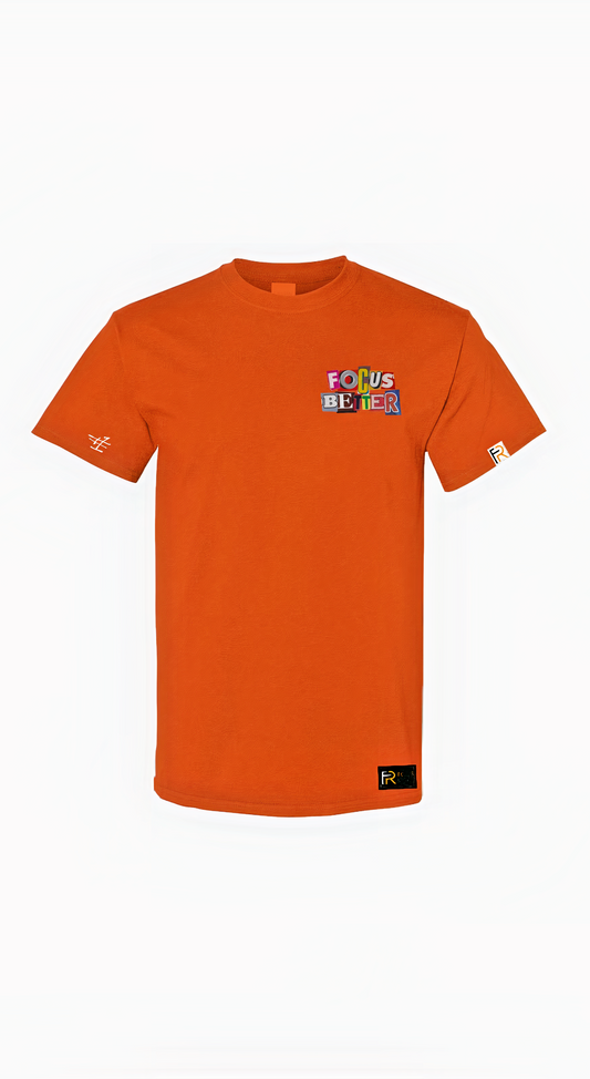 Orange Focus Better t-shirt from Focus Rich Clothing x Nun Better collab with bold prints and sleeve logos on 100% cotton shirt